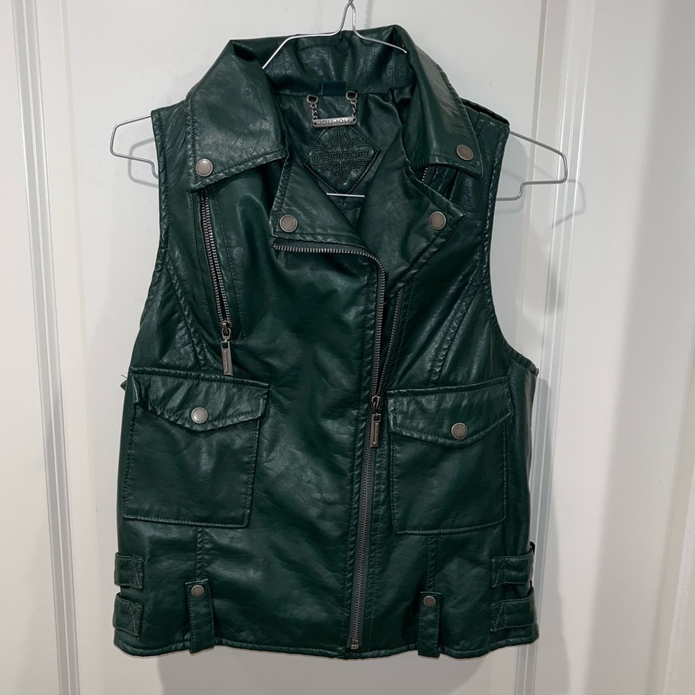 JOUJOU FAUX LEATHER WOMEN GREEN JACKET BIKER VEST SIZE S VINTAGE ZIP UP/POCKETS